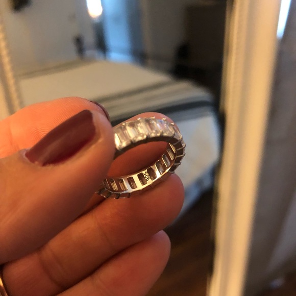 Emerald Diamond White Gold Plated Band Ring - Picture 9 of 10